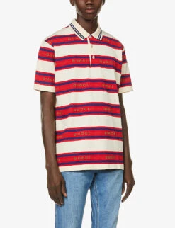 Gucci Striped Short-sleeved Cotton-jersey Polo Shirt -Gentlemen Style Shop R03765498 IVORYLIVEREDMIX ALT02