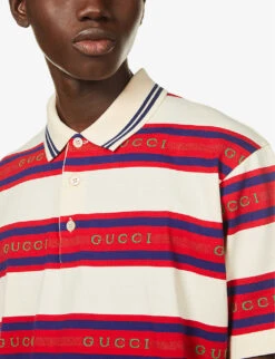 Gucci Striped Short-sleeved Cotton-jersey Polo Shirt -Gentlemen Style Shop R03765498 IVORYLIVEREDMIX ALT04