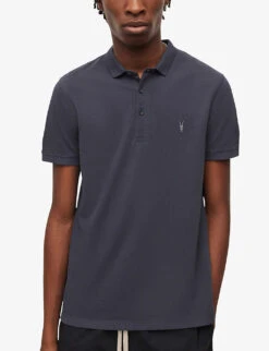 AllSaints Reform Ramskull-embroidered Slim-fit Organic-cotton Polo Shirt -Gentlemen Style Shop R04012406 AMETHYSTBLUE ALT02