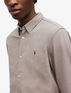AllSaints Lovell Ramskull-embroidered Slim-fit Cotton Shirt -Gentlemen Style Shop R04057046 BAYLEAFTAUPE ALT04