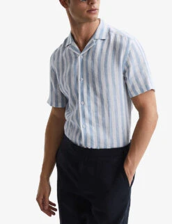 Reiss Rufus Cuban-collar Stripe-pattern Linen Shirt -Gentlemen Style Shop R04068120 SOFTBLUESTRIP ALT02