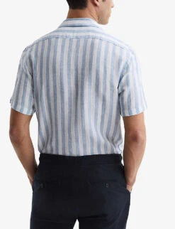 Reiss Rufus Cuban-collar Stripe-pattern Linen Shirt -Gentlemen Style Shop R04068120 SOFTBLUESTRIP ALT03