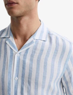 Reiss Rufus Cuban-collar Stripe-pattern Linen Shirt -Gentlemen Style Shop R04068120 SOFTBLUESTRIP ALT04