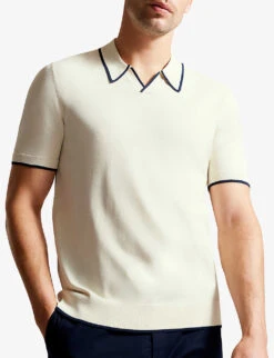 Ted Baker Open-neck Short-sleeved Stretch-cotton Polo Shirt 8 Ted Baker Open-neck Short-sleeved Stretch-cotton Polo Shirt -Gentlemen Style Shop R04133330 STONE ALT02