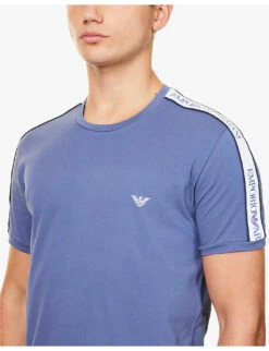 Emporio Armani Branded-tape Regular-fit Stretch-cotton T-shirt -Gentlemen Style Shop R04142175 DENIM ALT04