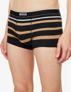 Boss Logo-waistband Stripe Regular-fit Stretch-cotton Trunks -Gentlemen Style Shop R04142409 BLACK ALT03
