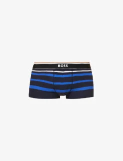 Boss Logo-waistband Striped Regular-fit Stretch-cotton Trunks