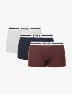 Boss Pack Of Three Logo-embroidered Stretch-cotton Trunks