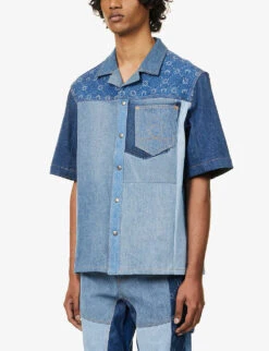 Marine Serre Patchwork-panel Contrast-stitching Regular-fit Upcycled-denim Shirt -Gentlemen Style Shop R04143630 DARKBLUEMOONOGRAM ALT02