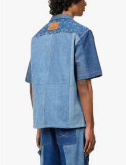 Marine Serre Patchwork-panel Contrast-stitching Regular-fit Upcycled-denim Shirt -Gentlemen Style Shop R04143630 DARKBLUEMOONOGRAM ALT03