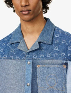 Marine Serre Patchwork-panel Contrast-stitching Regular-fit Upcycled-denim Shirt -Gentlemen Style Shop R04143630 DARKBLUEMOONOGRAM ALT04