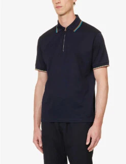 PAUL SMITH Striped-trim Half-zip Cotton-piqué Polo Shirt -Gentlemen Style Shop R04165117 VERYDARKNAVY ALT02