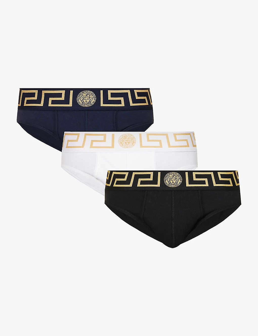 Versace Pack Of Three Logo-waistband Low-rise Stretch-cotton Briefs 3 Versace Pack Of Three Logo-waistband Low-rise Stretch-cotton Briefs